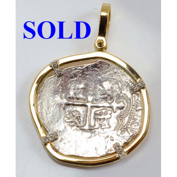 Authentic Atocha 2 reales Grade I Treasure Coin in 14kt Gold & Diamond Pendant