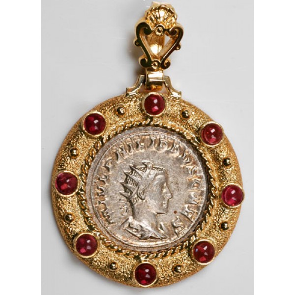 14kt Gold and Pink Tourmaline Roman Coin Pendant