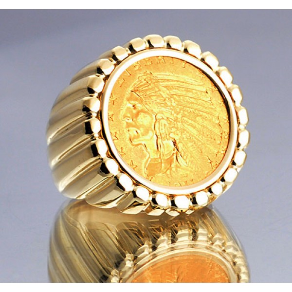 U.S. $5 Indian Head Gold Coin in gent's fluted Design 14kt gold Ring