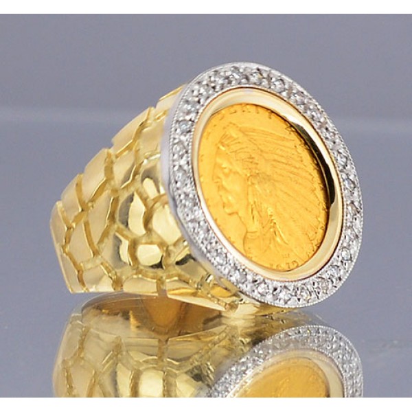 U.S. $2 1/2 Indian Head Gold Coin in Gents 14kt Gold Nugget Style Diamond Coin Ring
